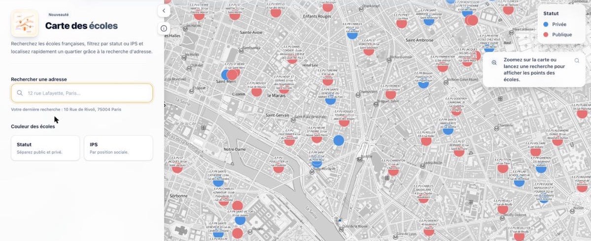 Carte interactive des écoles élémentaires d'un quartier parisien, publiques et privées
