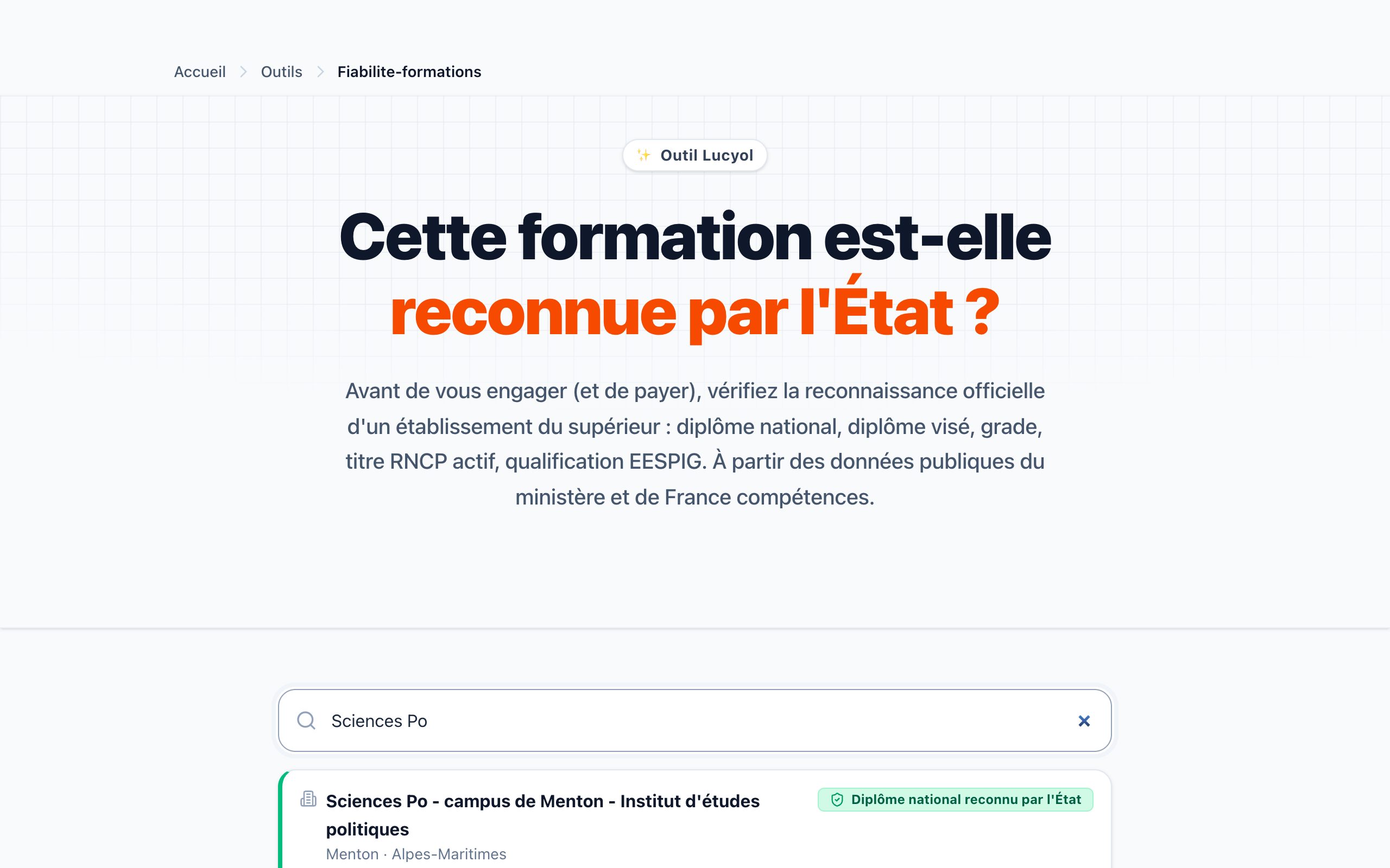 Vérification d'un établissement : diplôme national reconnu par l'État