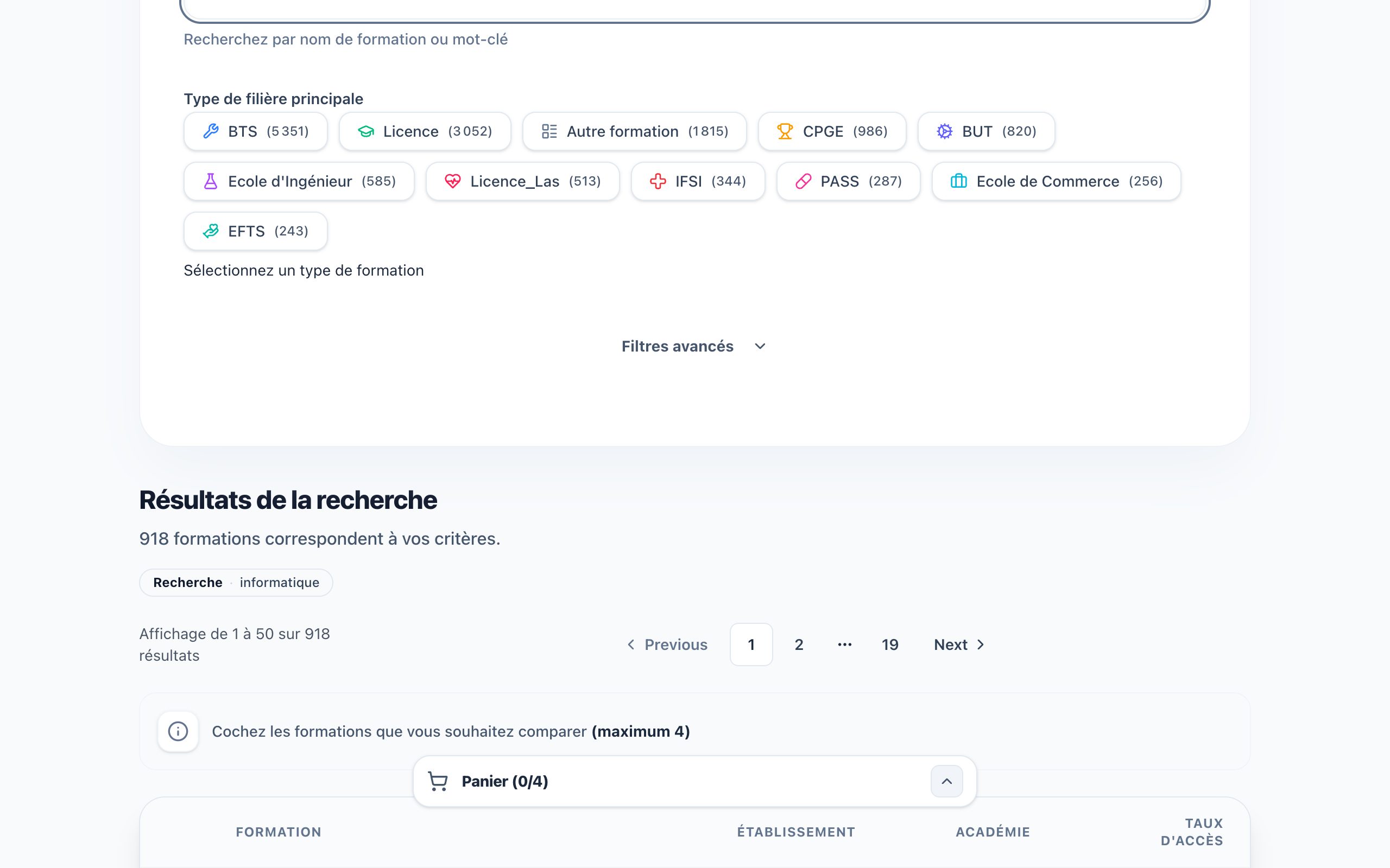 Comparateur Parcoursup : les formations retenues et le panier de comparaison