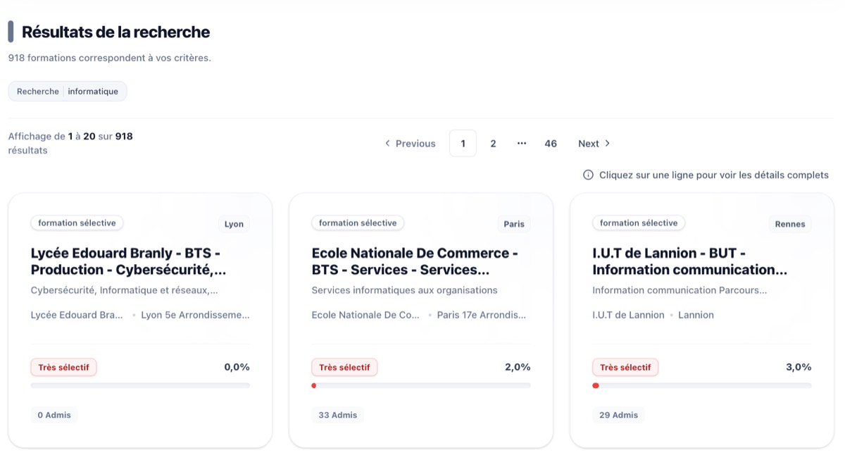 Recherche de formations Parcoursup : filtres par filière et résultats détaillés